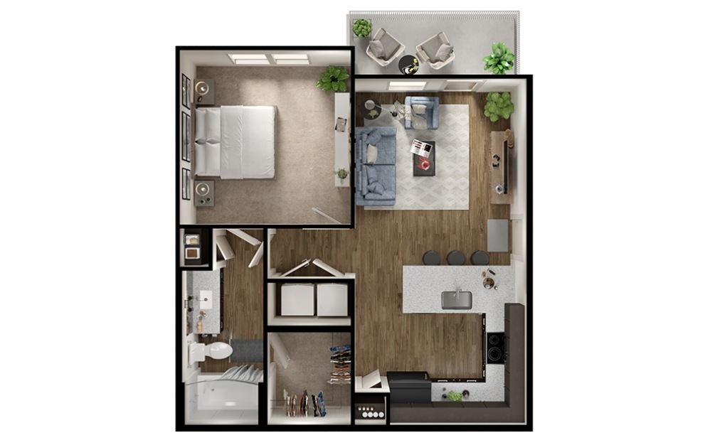 A1p - 1 bedroom floorplan layout with 1 bathroom and 650 square feet (3D)