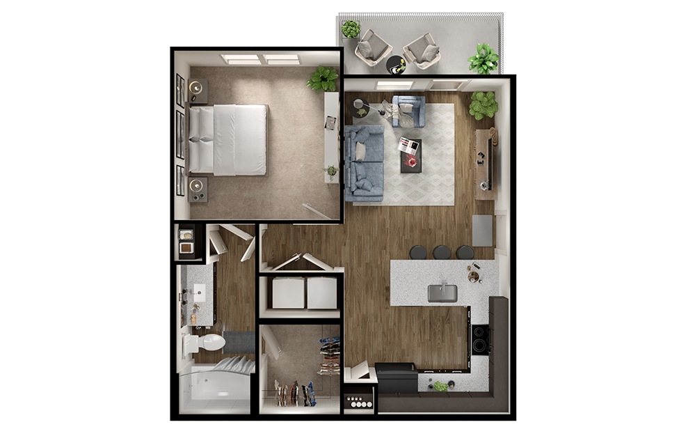 A1p - 1 bedroom floorplan layout with 1 bath and 650 square feet. (3D)