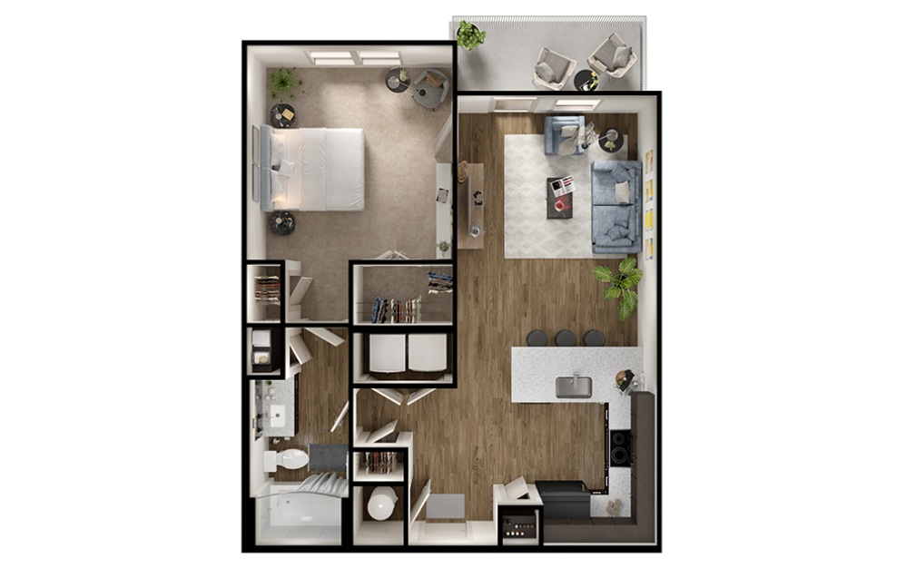 A2p - 1 bedroom floorplan layout with 1 bathroom and 726 square feet (3D)