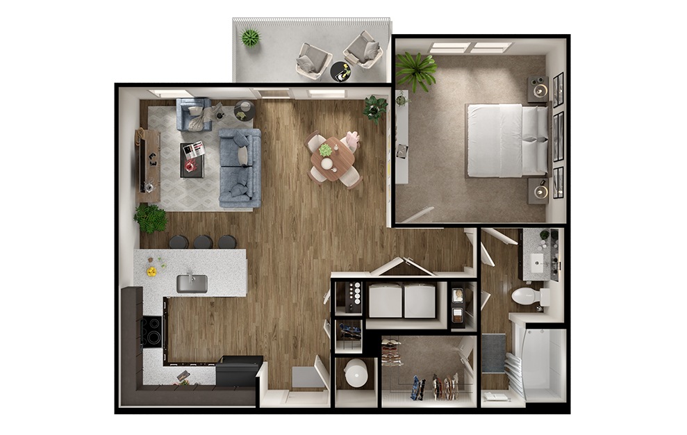 A3p - 1 bedroom floorplan layout with 1 bath and 787 square feet. (3D)