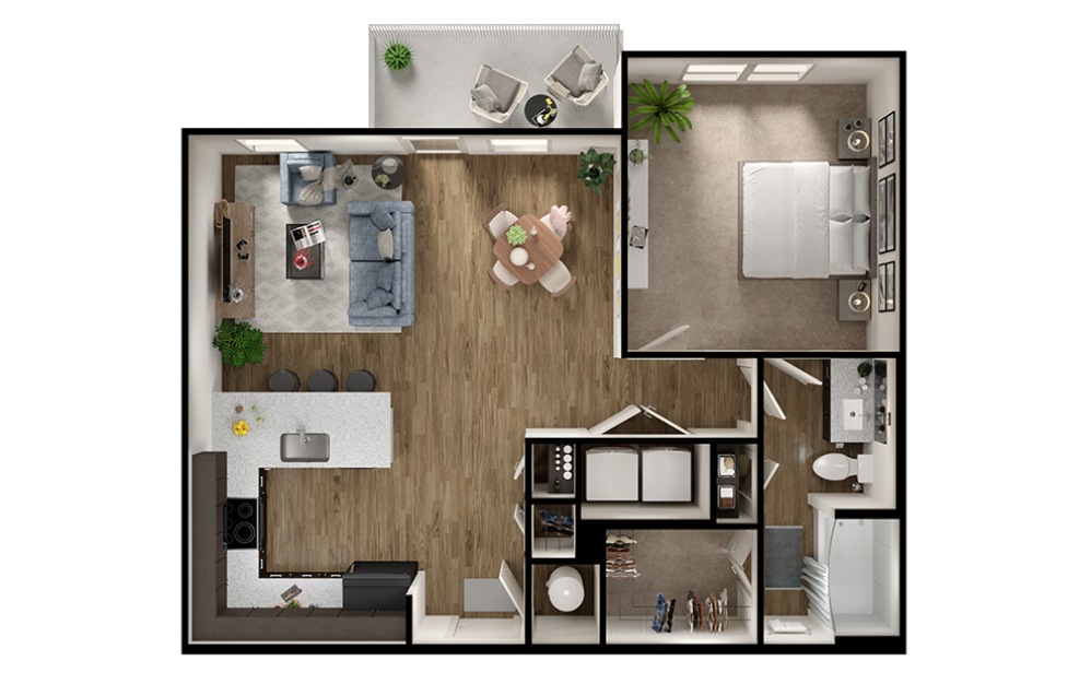 A3p - 1 bedroom floorplan layout with 1 bathroom and 787 square feet (3D)