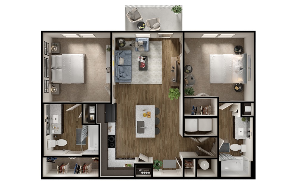 B1 - 2 bedroom floorplan layout with 2 bathrooms and 950 square feet (3D)