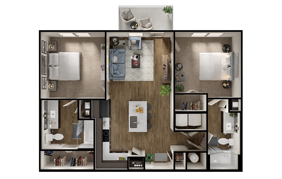 B1 - 2 bedroom floorplan layout with 2 baths and 950 square feet. (3D)