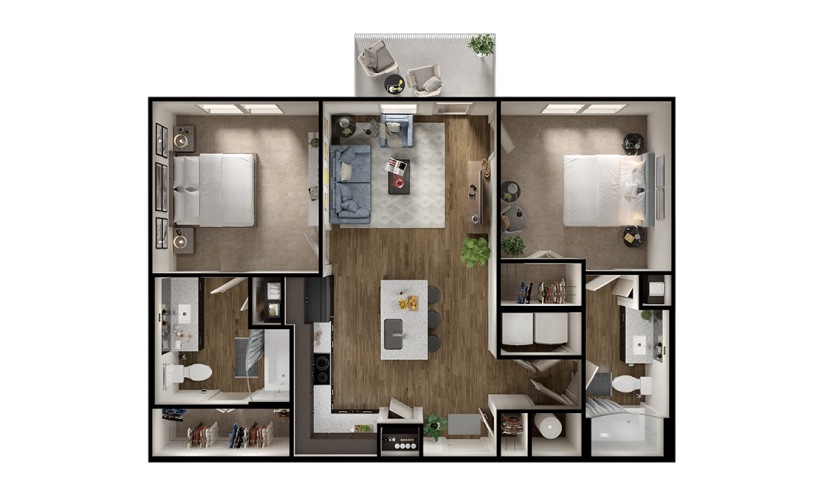 B1 - 2 bedroom floorplan layout with 2 bathrooms and 950 square feet