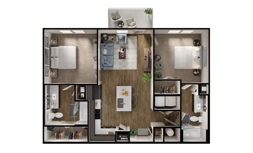 B1p - 2 bedroom floorplan layout with 2 bathrooms and 950 square feet