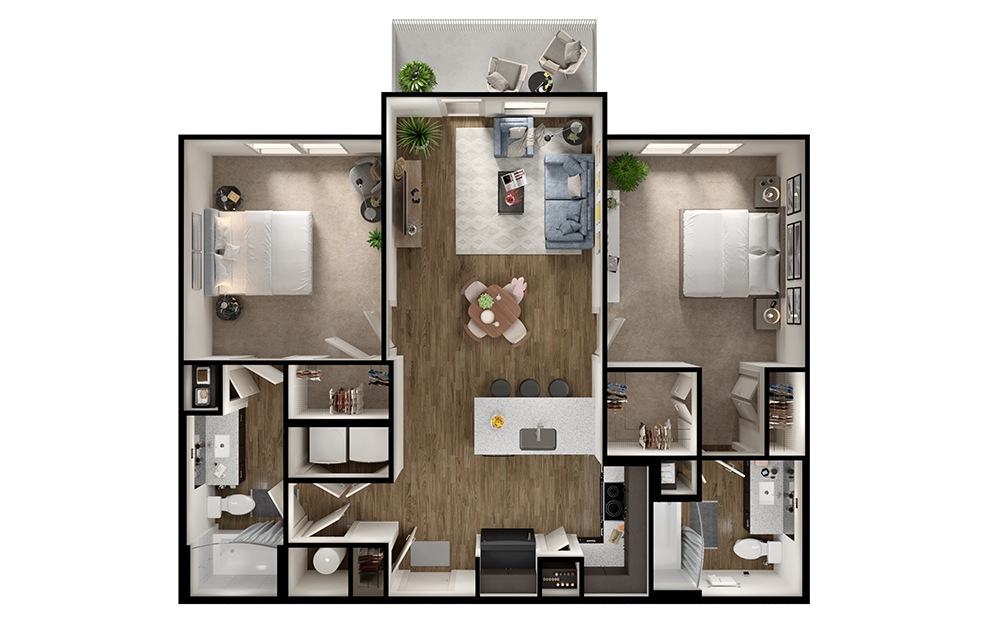 B2 - 2 bedroom floorplan layout with 2 baths and 1051 square feet. (3D)