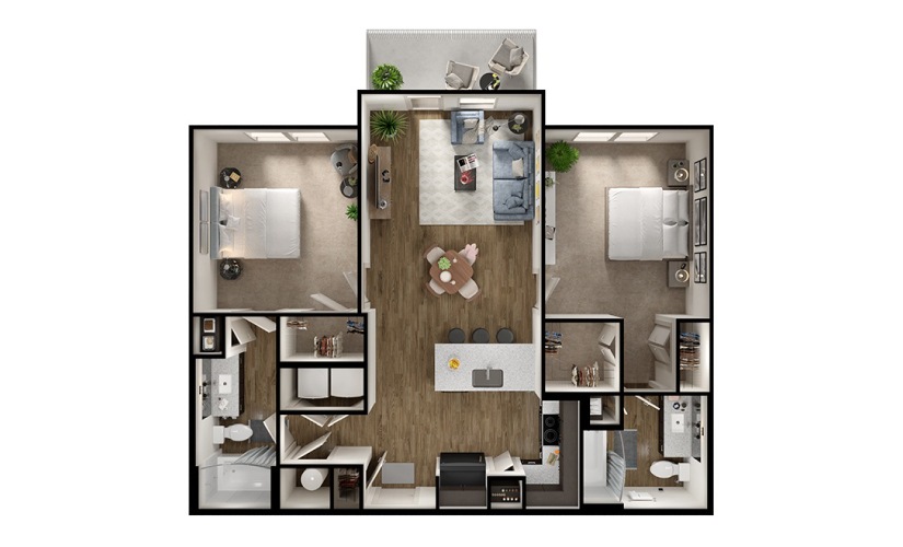 B2 - 2 bedroom floorplan layout with 2 bathrooms and 1051 square feet