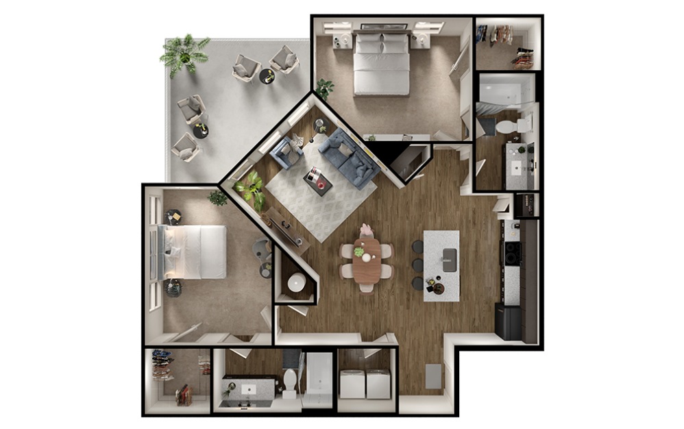 B3 - 2 bedroom floorplan layout with 2 bathrooms and 1117 square feet (3D)