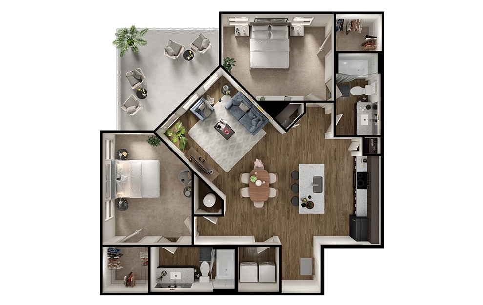 B3 - 2 bedroom floorplan layout with 2 baths and 1117 square feet. (3D)