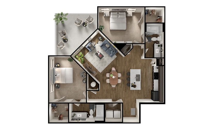 B3 - 2 bedroom floorplan layout with 2 bathrooms and 1117 square feet