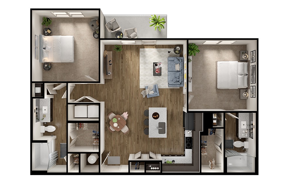 B4 - 2 bedroom floorplan layout with 2 baths and 1131 square feet. (3D)
