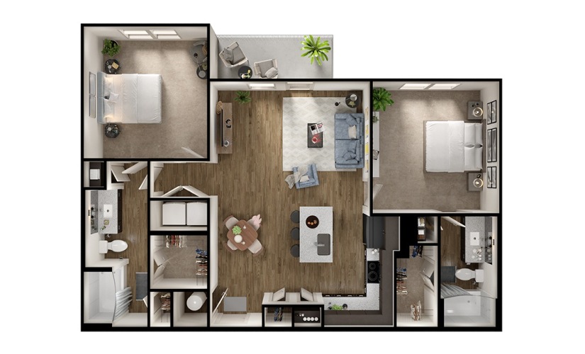 B4 - 2 bedroom floorplan layout with 2 bathrooms and 1131 square feet