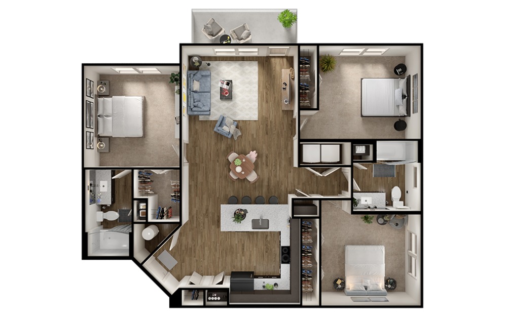 C1 - 3 bedroom floorplan layout with 2 bathrooms and 1320 square feet (3D)