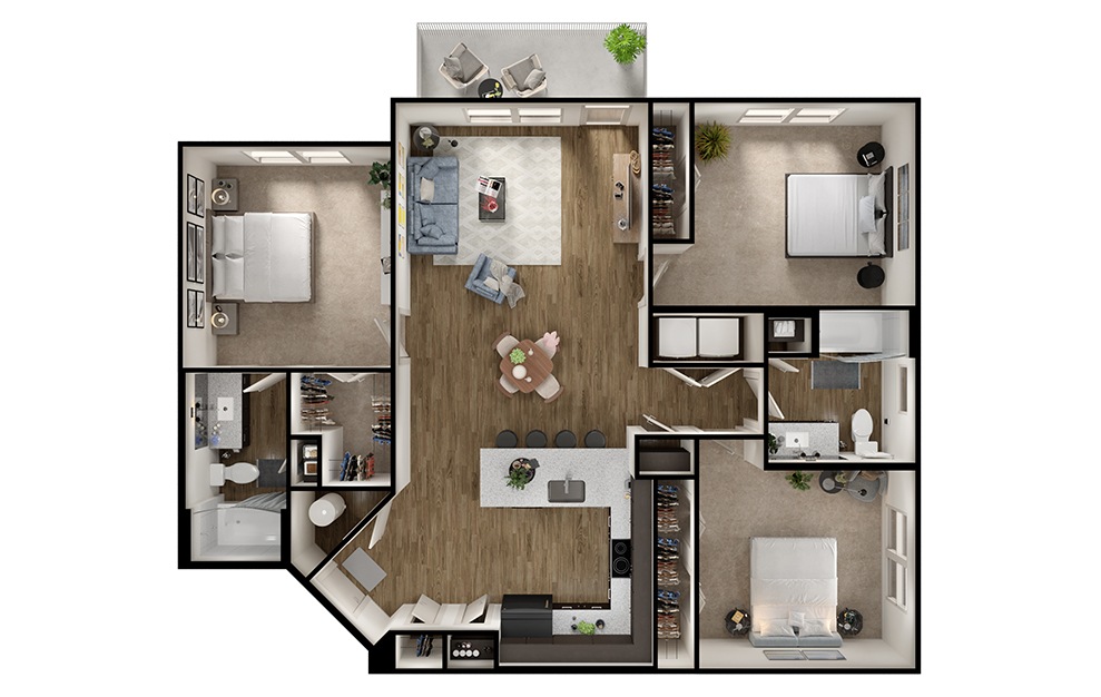 C1 - 3 bedroom floorplan layout with 2 baths and 1320 square feet. (3D)