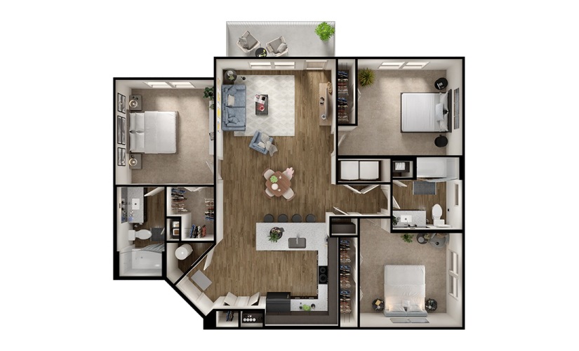 C1 - 3 bedroom floorplan layout with 2 bathrooms and 1320 square feet