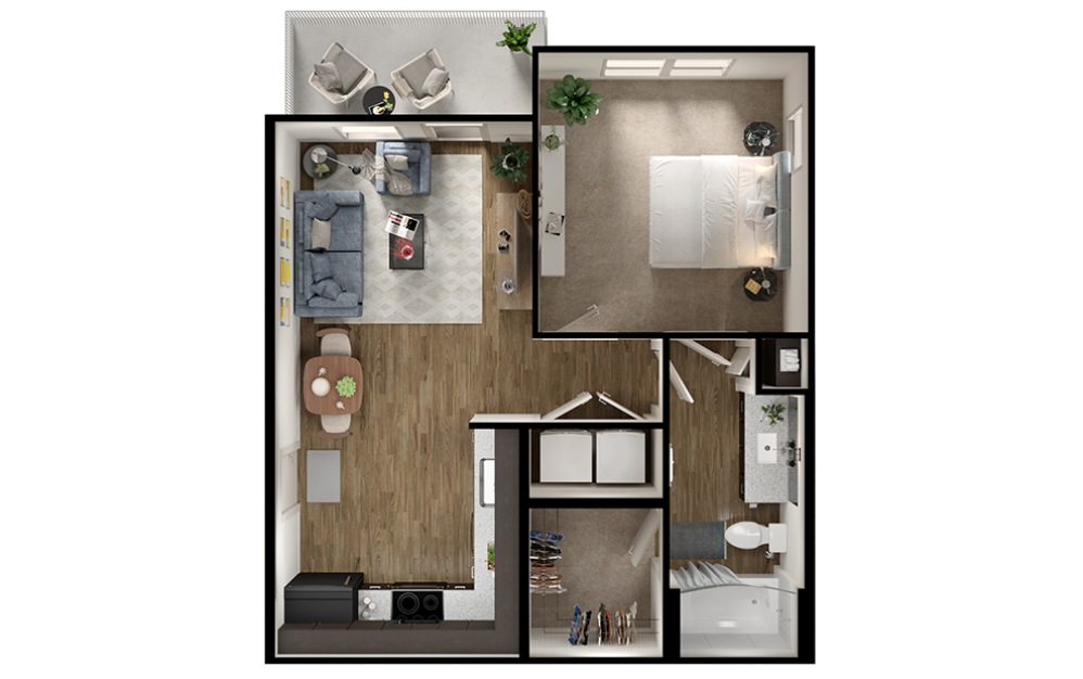 S1p - 1 bedroom floorplan layout with 1 bathroom and 613 square feet (3D)