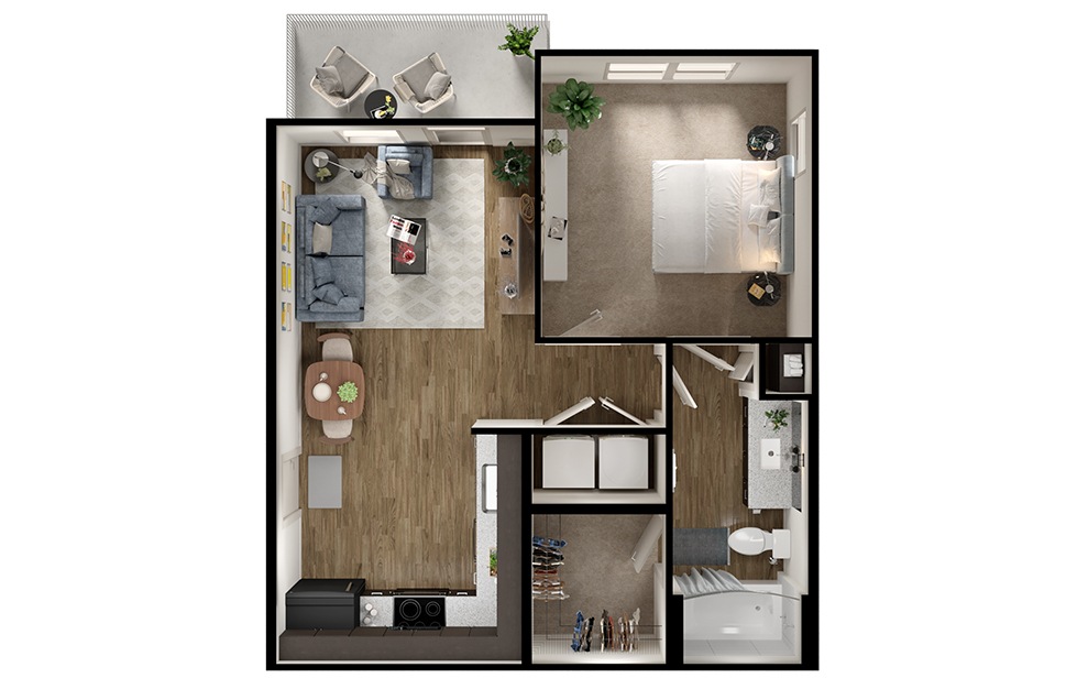 S1p - 1 bedroom floorplan layout with 1 bath and 613 square feet. (3D)